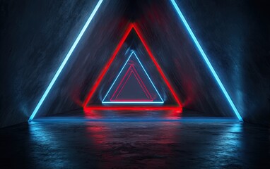 Futuristic tunnel with nested glowing triangular frames, illuminated by red and blue neon