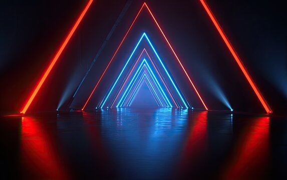 Neon-lit triangular tunnel in red and blue, reflecting on a dark, wet floor - Powered by Adobe