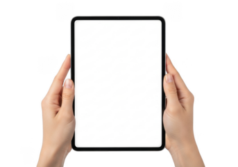 Hands Holding Black Tablet Device Against Transparent Background for Technology Mockup