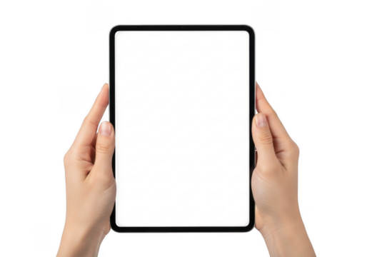 Hands Holding Black Tablet Device Against Transparent Background for Technology Mockup