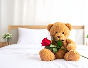Soft plush teddy bear sitting on white bed holding single red rose creating tender romantic atmosphere in cozy bedroom setting
