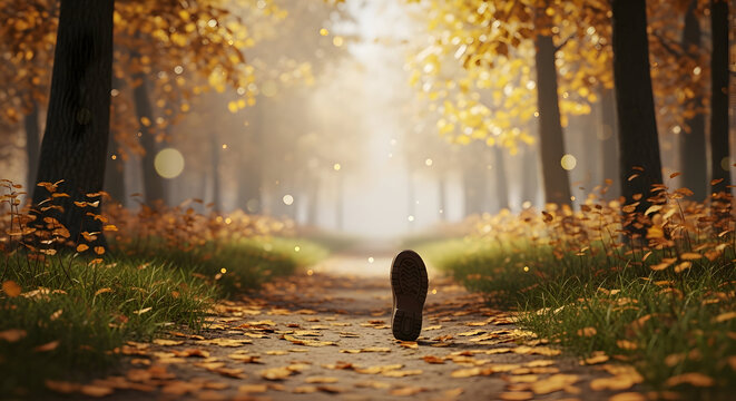 A single footprint on a path through an autumn forest, with golden leaves and a misty background. - Powered by Adobe