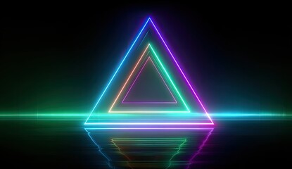 Colorful neon light triangles creating a tunnel effect with reflections on dark surface