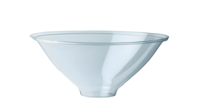 A clear transparent conical plastic cup or bowl with a wide, slightly flared rim, suitable for beverages or desserts, isolated on white isolated on transparent background