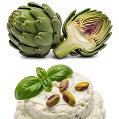 Obraz premium Artichoke and cheese with pistachio isolated on white background