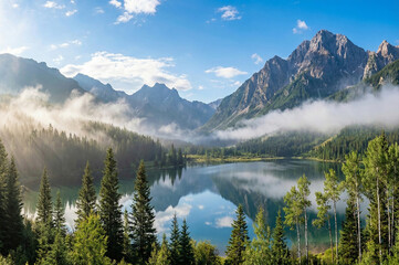 Scenic mountain lake landscape with green pine forest and morning mist, reflection of peaks in calm water, sunny blue sky, Generative AI