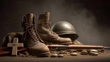 Memorial Day Remembrance - Boots, Helmet, and Rifle in Somber Still Life.