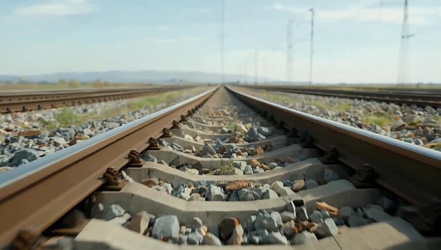 Dynamic 4K close up footage of railway tracks moving fast highlighting concrete sleepers gravel ballast and perspective lines leading toward the horizon ideal for transportation industrial and travel