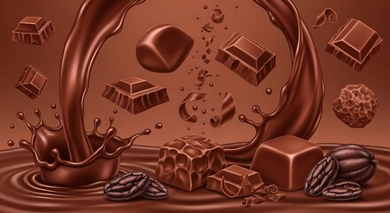Decadent melted chocolate splashing with a rich assortment of sweet treats, including cocoa beans, squares, bars, and truffles, creating an irresistible dessert experience