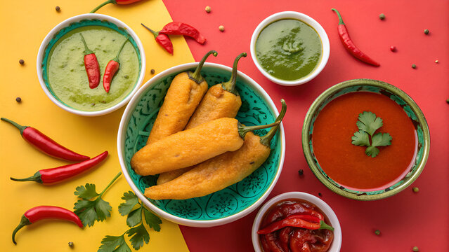 Flatlay of mirchi bajji with colorful dipping sauces in ceramic bowls, bold background, vivid top-view food styling.