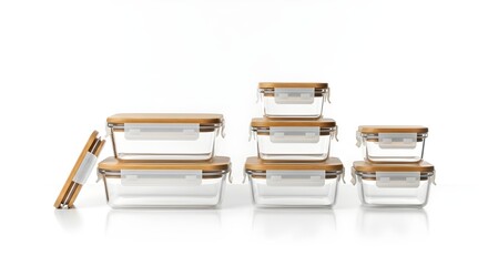 Glass food storage containers with wooden lids on white background