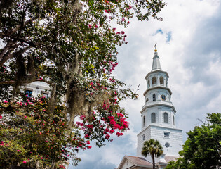 Naklejka premium The steeple of historic St. Michaels Episcopal Church and a beautiful blossom tree in downtown Charleston, South Carolina.