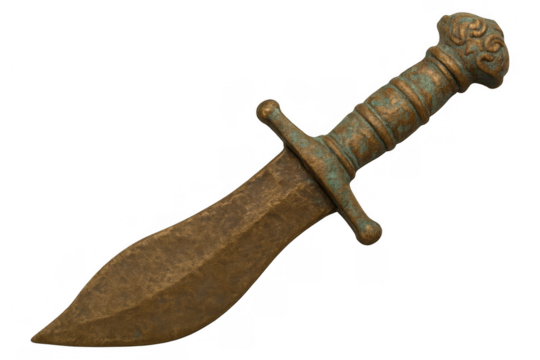 Ancient bronze fantasy dagger with celtic patterns and green patina, isolated medieval weapon on transparent background
