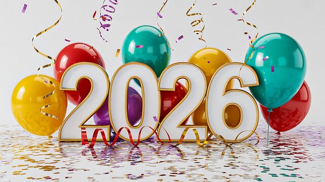 New year 2026 celebration with colorful balloons and confetti