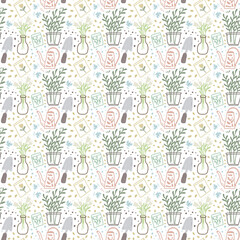Cute seamless pattern of plants in pots or vases with some plant seeds, butterflies, shovels and watering cans. Light green background for textiles, handkerchiefs, napkins, tablecloths, wallpaper
