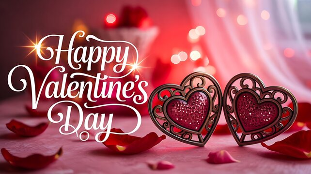 Valentines day hearts with romantic decorations and warm lights
- Powered by Adobe
