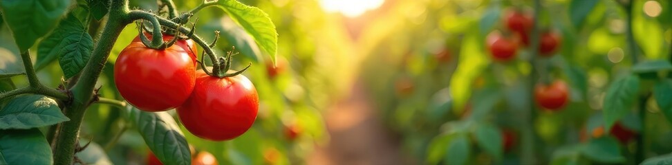 Sun-drenched tomatoes ripening on the vine in a lush Italian food plantation, surrounded by vibrant basil and oregano A picturesque scene of idyllic farming , soil, growth