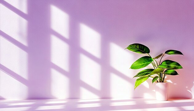 A green houseplant in a white pot is placed on a surface, with diagonal light and shadow patterns from a window falling on a purple wall.