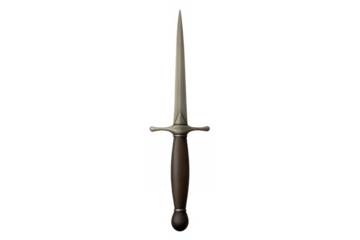 Dagger featuring a pointed steel blade and a dark wooden hilt, depicting ancient military weapons and combat tools. Transparent background