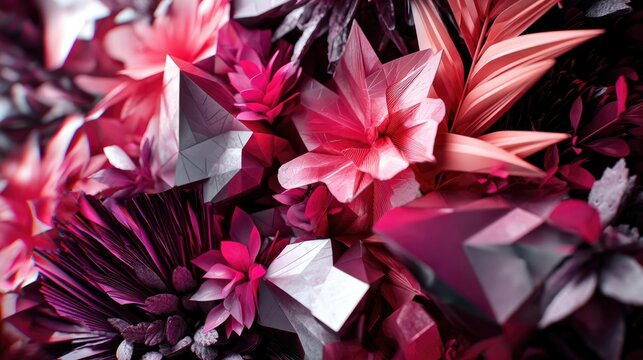 A close-up, abstract composition featuring geometric shapes and floral-like elements in shades of pink, magenta, and purple, with sharp, crystalline edges.