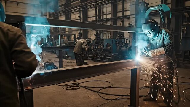 4k shot of a welder working on a metal frame in a factory using a welding torch, generating sparks and bright light against a dark, industrial background, conveying a