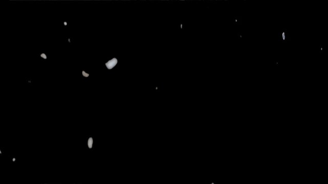 Short video clip featuring isolated white/light shapes and particles sporadically appearing and moving against a solid black background, simulating falling ash, snow, or dust.