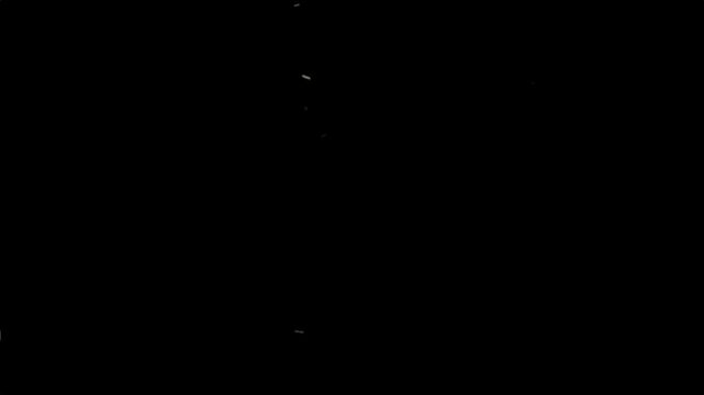 Short video clip featuring isolated white/light shapes and particles sporadically appearing and moving against a solid black background, simulating falling ash, snow, or dust.