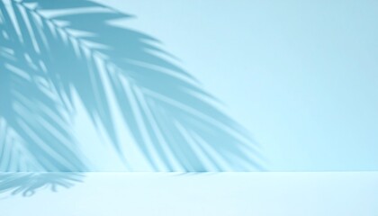 Soft blurred palm shadows fall across a pastel blue wall, forming a clean minimal backdrop ideal for bright seasonal product presentations.