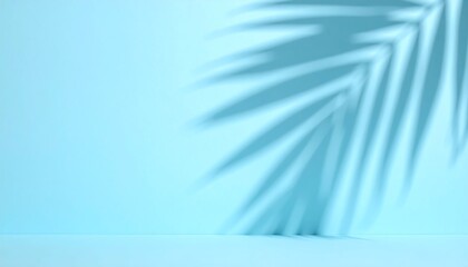 Soft blurred palm shadows fall across a pastel blue wall, forming a clean minimal backdrop ideal for bright seasonal product presentations.