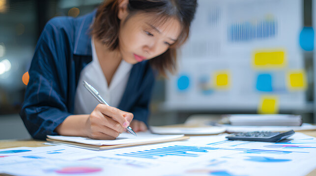 Expert woman asian female people review data number costing managerial account prepare monthly actual cost variance report income tax at audit office. ESG budget control ERP process service project.