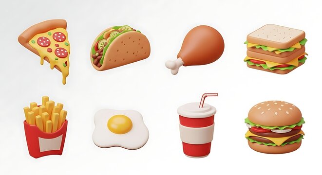 A delightful array of vibrant 3D rendered fast food items, showcasing a diverse menu of popular quick meal options ready for any appetite, from crispy fries to cheesy pizza slices and juicy burgers