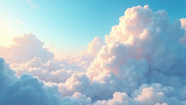The expansive sky is filled with fluffy, billowing clouds in shades of white and soft blue, illuminated by the warm glow of sunlight, providing a sense of peace and serenity.