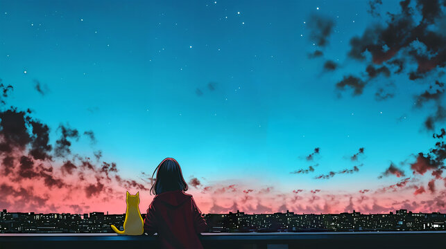 夜景を眺める女の子と猫