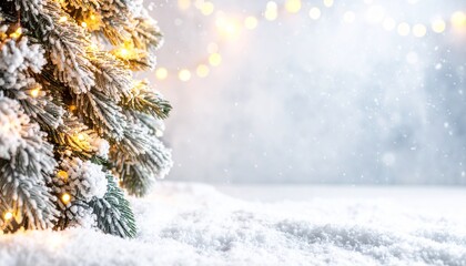 A beautifully lit Christmas tree covered in snow stands in a peaceful winter forest, surrounded by soft snowfall and a dreamy warm golden glow, representing holiday magic and seasonal celebration.