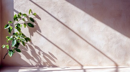 A branch with green leaves is illuminated by diagonal sunlight, casting dappled shadows on a textured, light-colored wall.