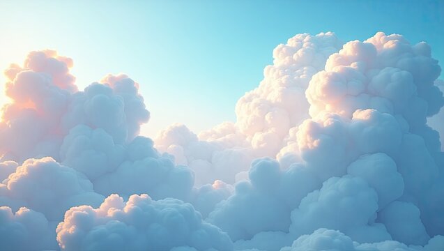 Soft, fluffy clouds dominate a clear, light blue sky, showcasing the beauty of a sunlit atmosphere with gentle, pastel hues. - Powered by Adobe