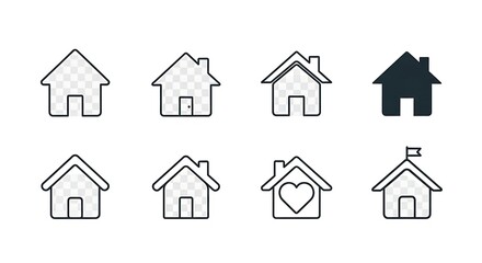 Versatile collection of line art and solid house icons, representing homes and properties for user interface design, real estate applications, and web navigation elements