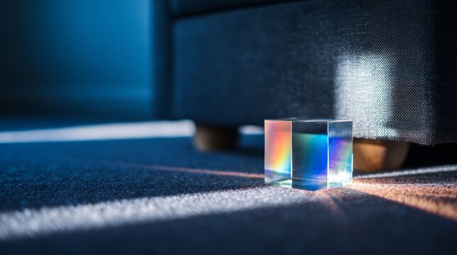 rockwell. Clear glass prism refracting rainbow light spectrum on dark surface. STEM education sheets, lab safety posters, designed for biotech research communications, used by data analysts.
