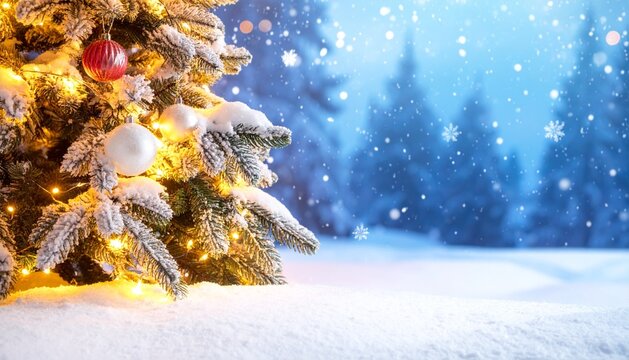 Close-up of a snow-covered Christmas tree decorated with warm glowing lights, set against a blurred blue winter forest and falling snowflakes, creating a peaceful festive atmosphere.