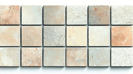 A close-up, overhead view of a collection of 18 square travertine tiles with varied natural textures and earthy colors.