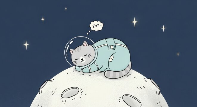 Astronaut cat peacefully napping on the lunar surface beneath twinkling stars in deep space