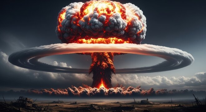 Atomic Devastation: Enigmatic Nuclear Explosion Dominating a Barren Landscape Rendering Desolation