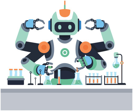 Futuristic four-armed robot conducting chemical experiments in a science laboratory.