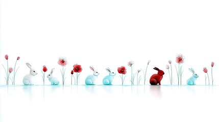 Several stylized rabbits, some white, some light blue, and one red, are arranged in a line with delicate watercolor flowers and plants against a white backgroun