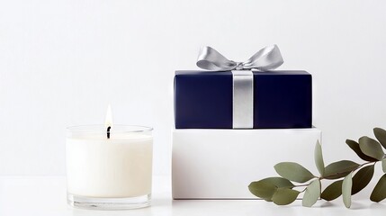 A lit candle and a navy blue gift box with a silver ribbon are displayed on white boxes, with eucalyptus leaves in the foreground.