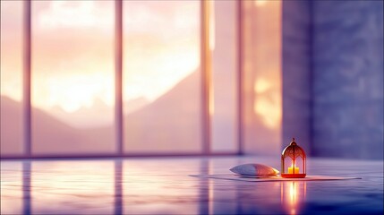 A lit Ramadan lantern and pillow are placed on a prayer mat in a room with large windows reflecting a soft sunset glow.