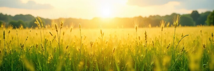 Fototapeta premium Sunlight filters through tall grasses in a wide open field, creating a dreamy, ethereal atmosphere Perfect for nature, serenity, and peaceful backgrounds , rays, peaceful, texture