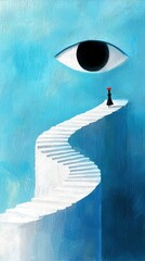 A person walks up a spiral staircase towards a large eye symbol against a blue textured background.