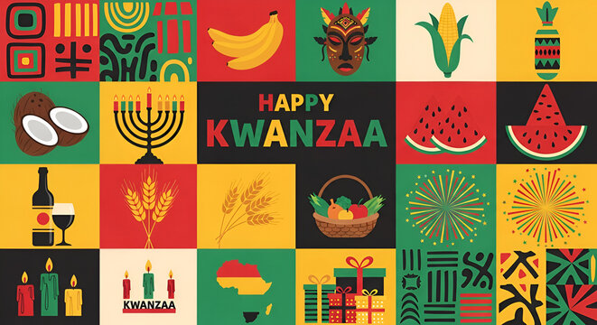Banner for Kwanzaa with traditional colored and candles representing the Seven Principles or Nguzo Saba. Collgage style