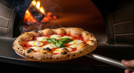 Authentic wood-fired pizza fresh from the oven with bubbling cheese and basil